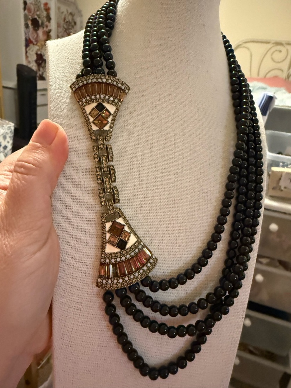 Heidi Daus Art Deco Multi Strand Black Bead Crystal Statement Necklace Bronze